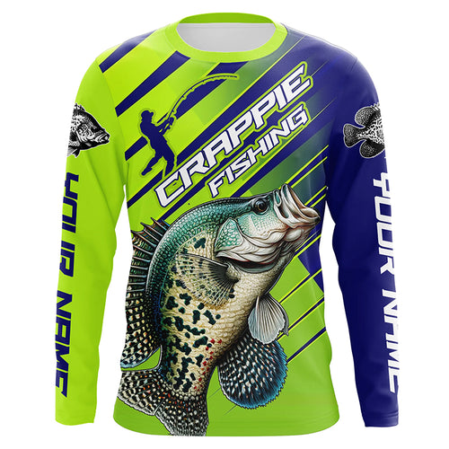 Crappie Fishing Custom Long Sleeve Tournament Shirts, Green And Blue Crappie Fishing Jerseys IPHW6280