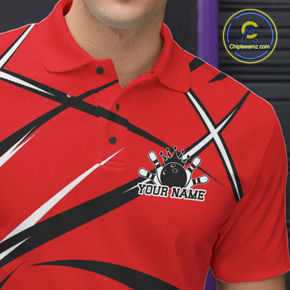 Close-up of the left chest area on a bowling polo shirt featuring a red, black, and white sporty jersey design