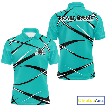 Men's bowling polo shirt mockup featuring front and back views, custom name, and turquoise blue, black, and white jersey design
