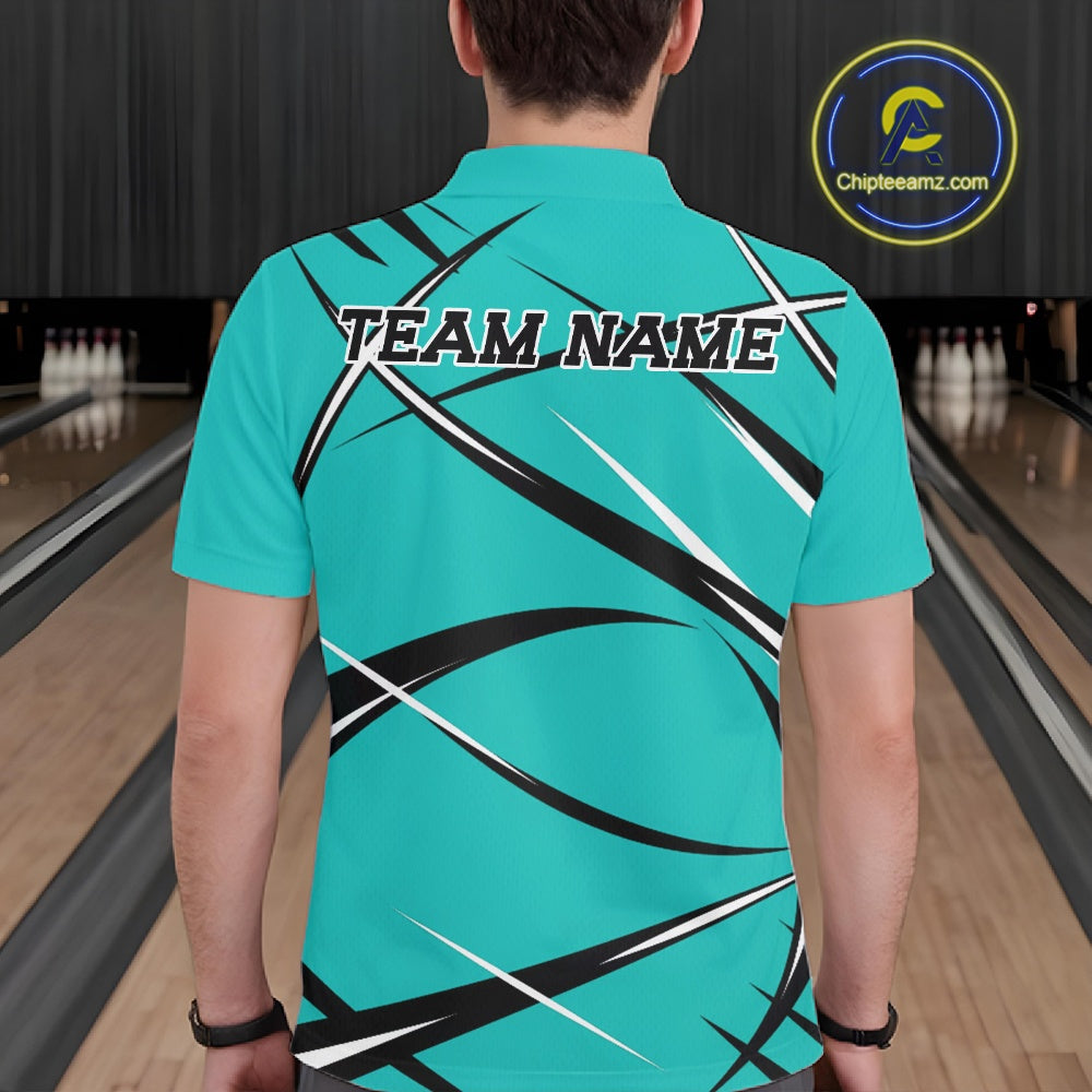 Back view of a male bowler in a bowling alley wearing a turquoise blue, black, and white bowling polo shirt with an athletic jersey pattern