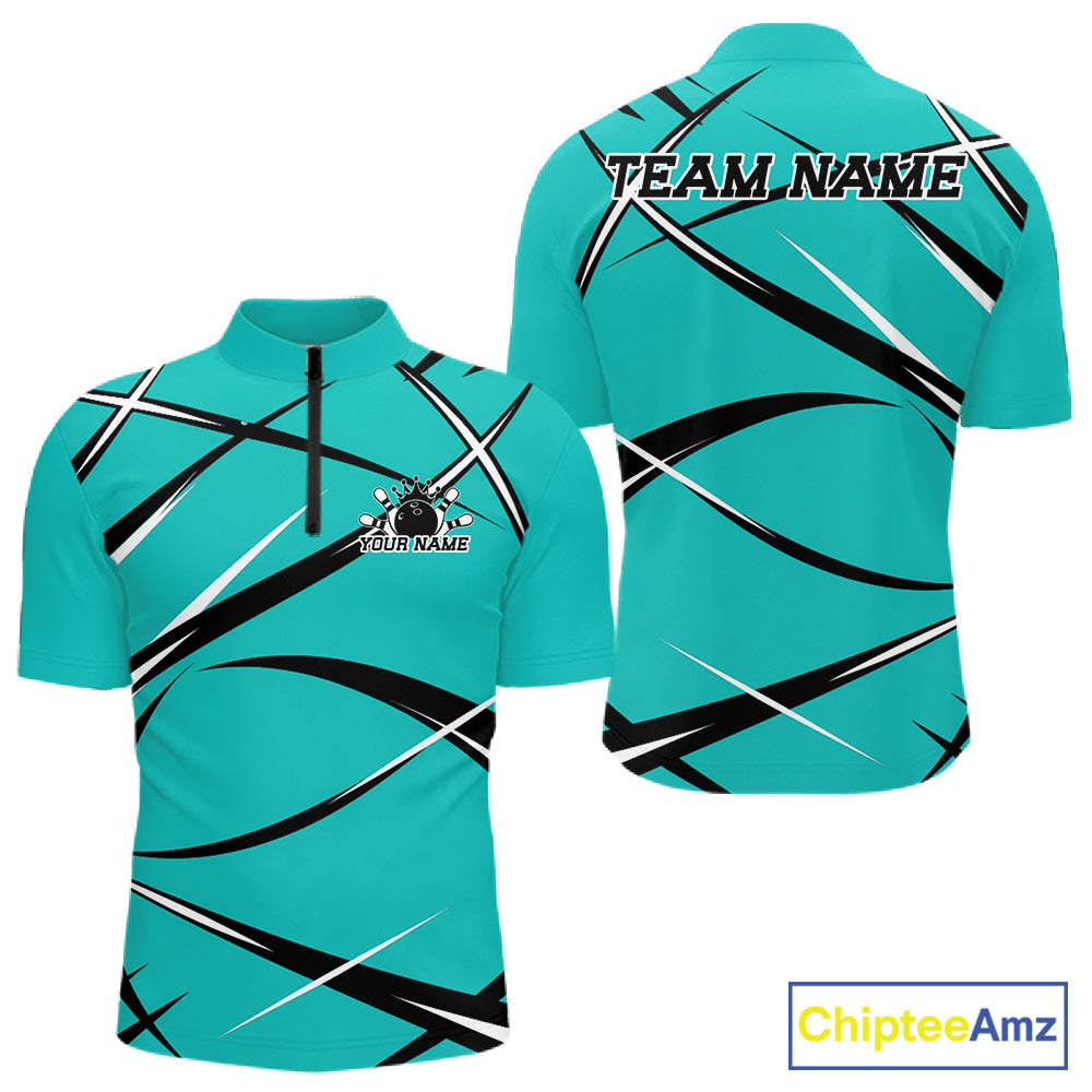 Front and back view of a men s bowling quarter zip shirt mockup featuring a turquoise blue, black, and white athletic bowling jersey pattern
