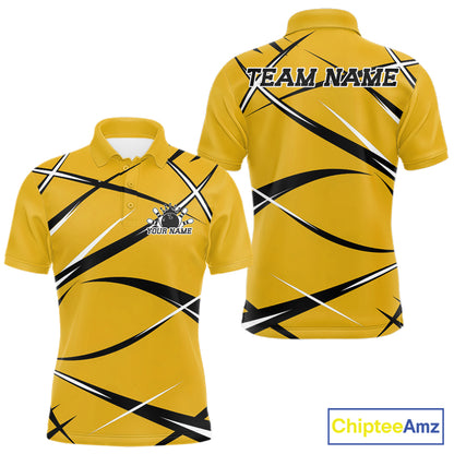 Front and back mockup of a men's bowling polo in yellow, black, and white with a custom name.