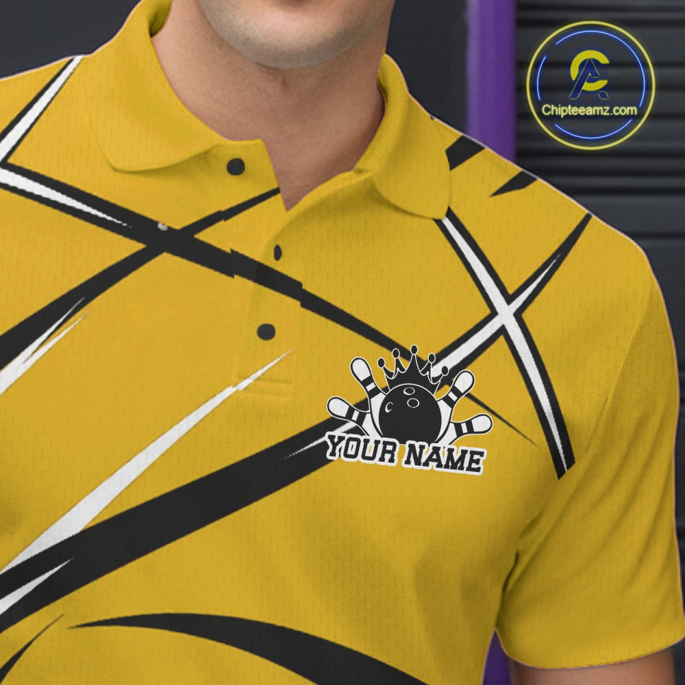 Close up of the left chest area on a bowling polo shirt featuring a yellow, black, and white athletic jersey pattern