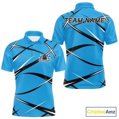 Men's bowling polo shirt mockup with front and back views, personalized name, and blue, black, and white jersey graphics
