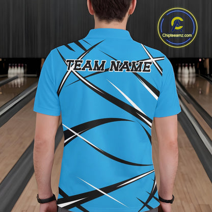 Back view of a male bowler in a bowling alley wearing a blue, black, and white bowling polo shirt with an athletic jersey pattern\