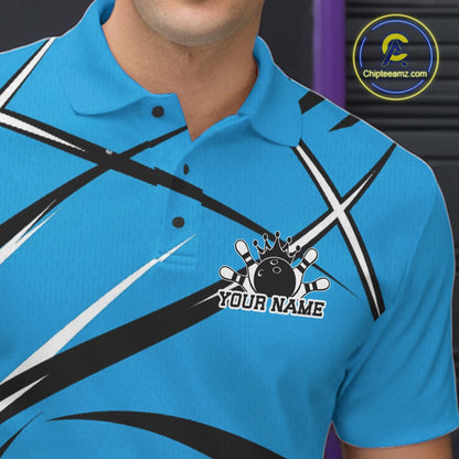 Close up of the left chest area on a bowling polo shirt featuring a blue, black, and white athletic jersey pattern
