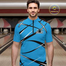 Load image into Gallery viewer, Front view of a male bowler wearing a blue, black, and white bowling quarter zip shirt in a bowling alley