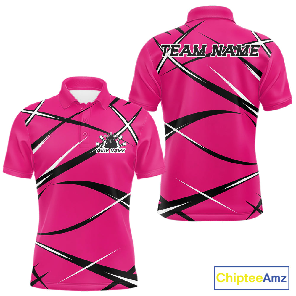 Front and back view of a men s bowling polo shirt mockup showcasing a pink, black, and white performance jersey design
