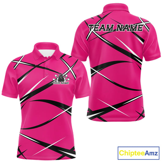 Front and back view of a men s bowling polo shirt mockup showcasing a pink, black, and white performance jersey design