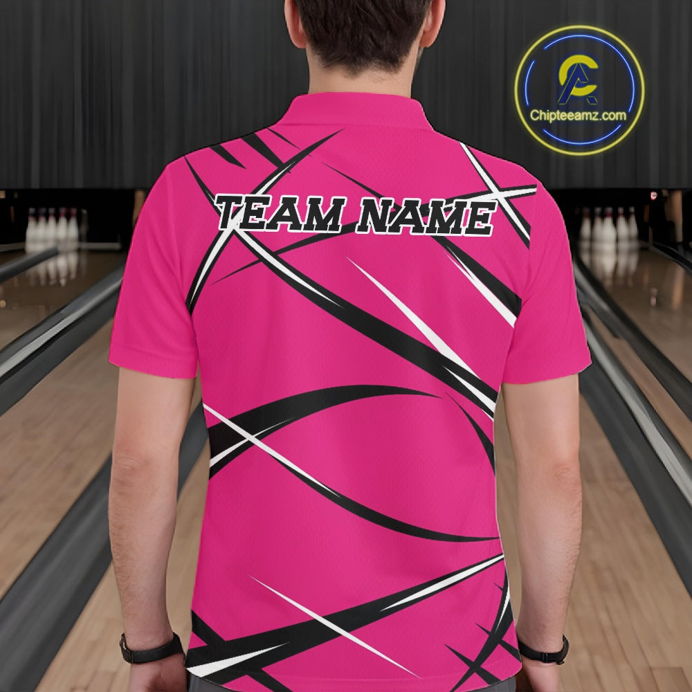 Back view of a male bowler in a bowling alley wearing a pink, black, and white bowling polo shirt with a sporty jersey design