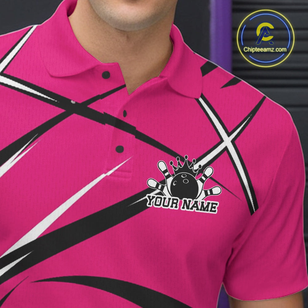 Close-up of the left chest area on a bowling polo shirt featuring a pink, black, and white athletic jersey pattern