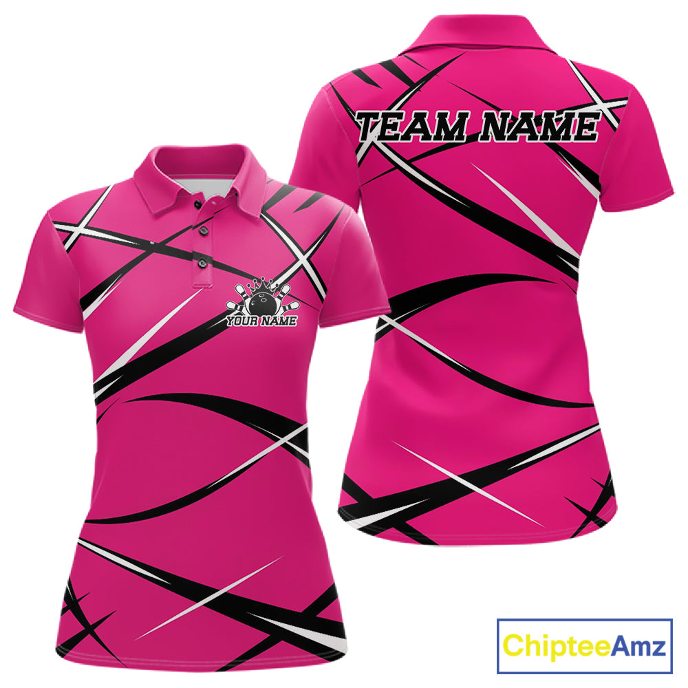 Front and back view of a women s bowling polo shirt mockup with a pink, black, and white sporty jersey inspired design
