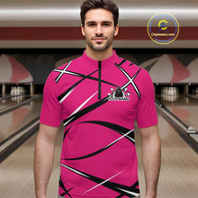 Load image into Gallery viewer, Front view of a male bowler wearing a pink, black, and white bowling quarter zip shirt in a bowling lane