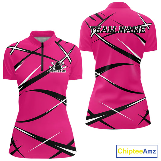 Front and back mockup of a women's quarter zip bowling shirt in pink, black, and white with a custom name.
