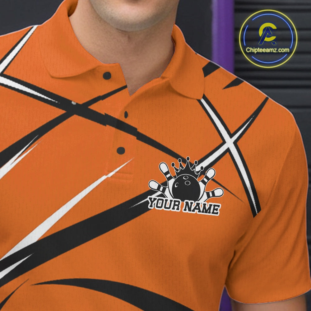 Close up of the left chest area on a bowling polo shirt featuring an orange, black, and white athletic jersey pattern
