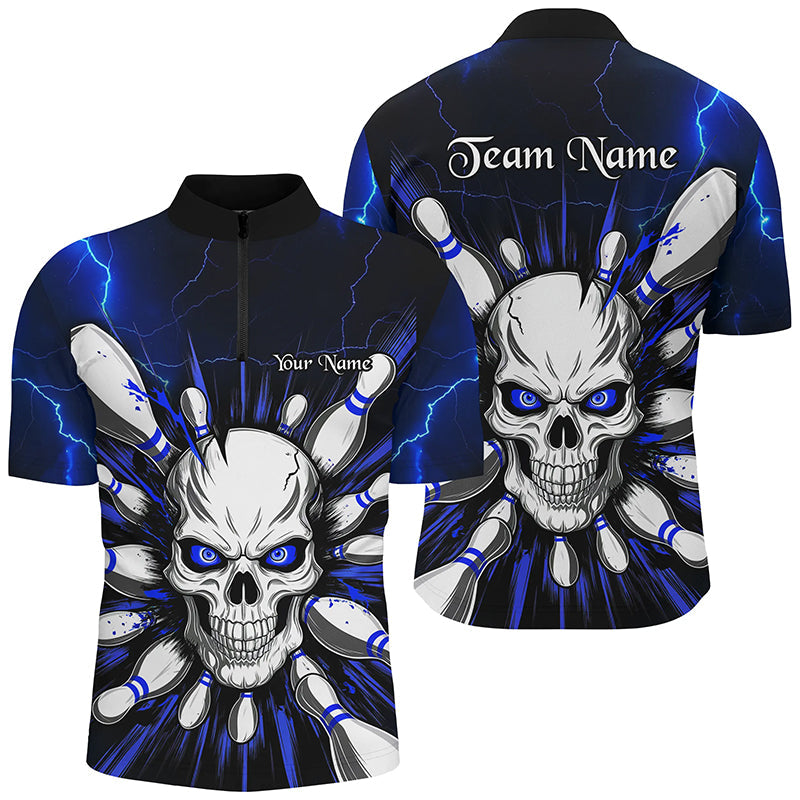 Blue Lightning Custom Skull Bowling Shirt For Men, Halloween Bowling Team Quarter Zip Shirt IPHW6761