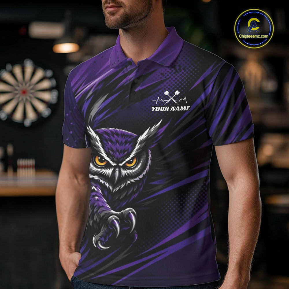 Custom Purple Owl Darts Men Polo Shirts, Dart Flights Darts League Shirt IPHW11732