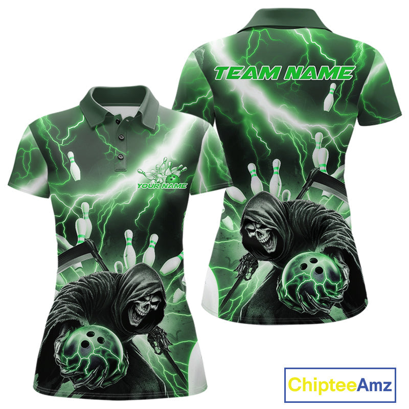 Custom Green Thunder Lightning Grim Reaper Bowling Women Polo Shirt, Halloween Outfit IPHW9800