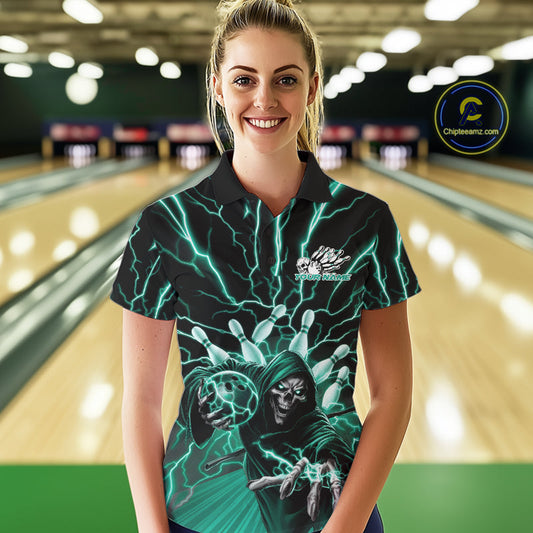 Custom Black And Green Lightning Grim Reaper Bowling Women Polo Shirt, Halloween Outfit IPHW9807