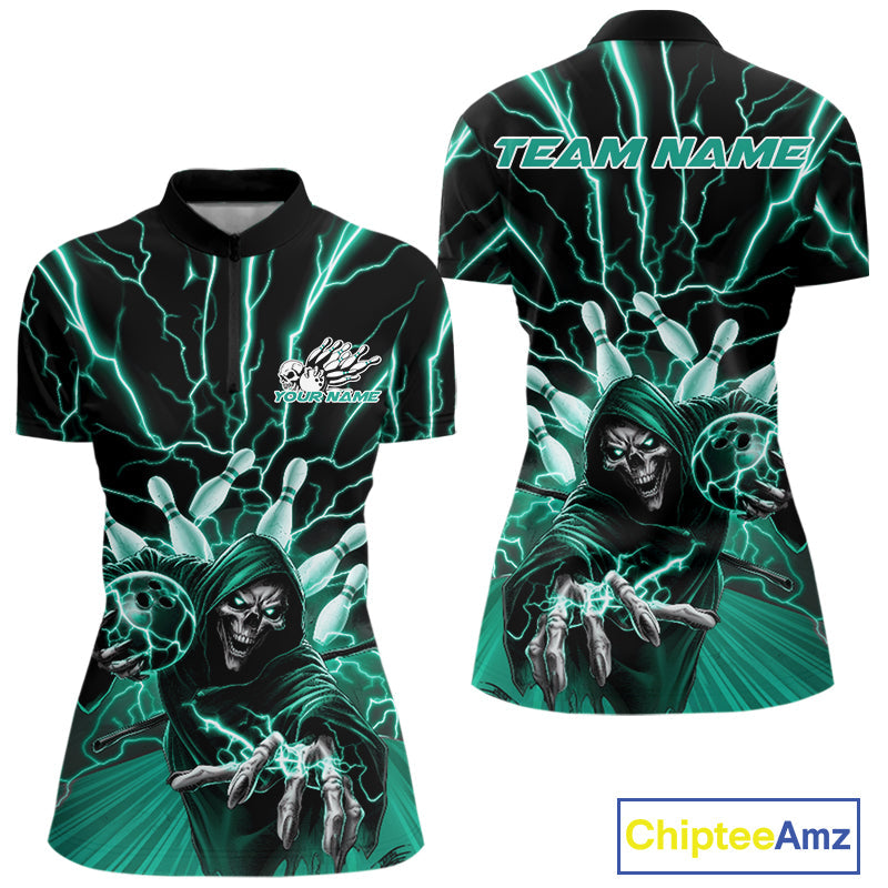 Custom Green Lightning Grim Reaper Bowling Women Quarter-Zip Shirt, Halloween Outfit IPHW9807