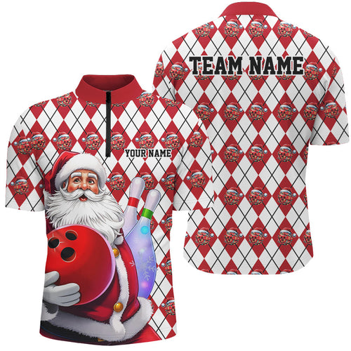 White And Red Bowling Argyle Pattern Custom Funny Christmas Santa Bowling Team Shirts For Men IPHW7846