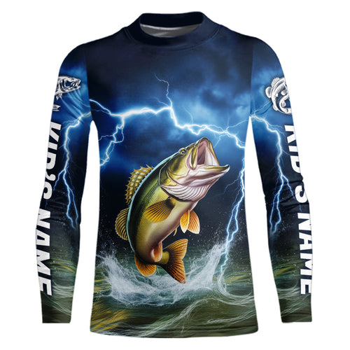 Blue Thunder Lightning Custom Largemouth Bass Fishing Kid Long Sleeve Tournament Fishing Shirts IPHW8080