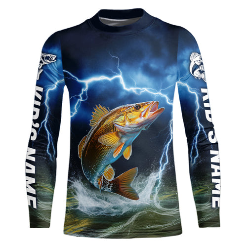 Blue Thunder Lightning Custom Walleye Fishing Kid Long Sleeve Tournament Fishing Shirts IPHW8081