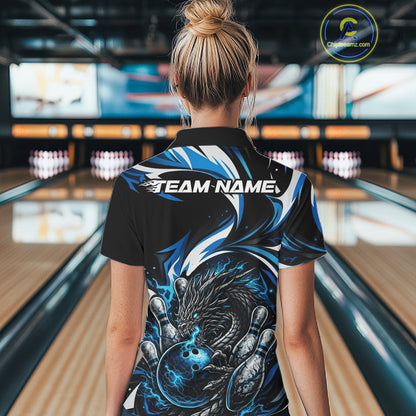 Custom Blue Lightning Dragon Bowling Women Polo Shirts, Dragon Bowling League Shirt IPHW10355