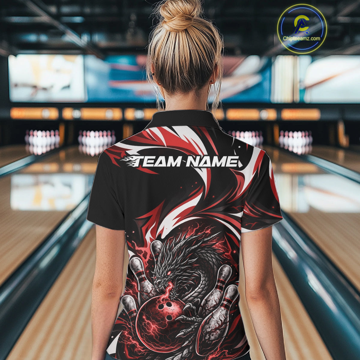 Custom Red Lightning Dragon Bowling Women Polo Shirts, Dragon Bowling League Shirt IPHW10356