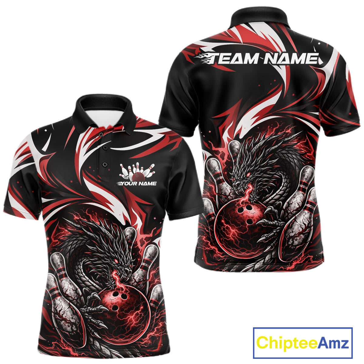 Custom Red Lightning Dragon Bowling Men Polo Shirts, Dragon Bowling League Shirt IPHW10356