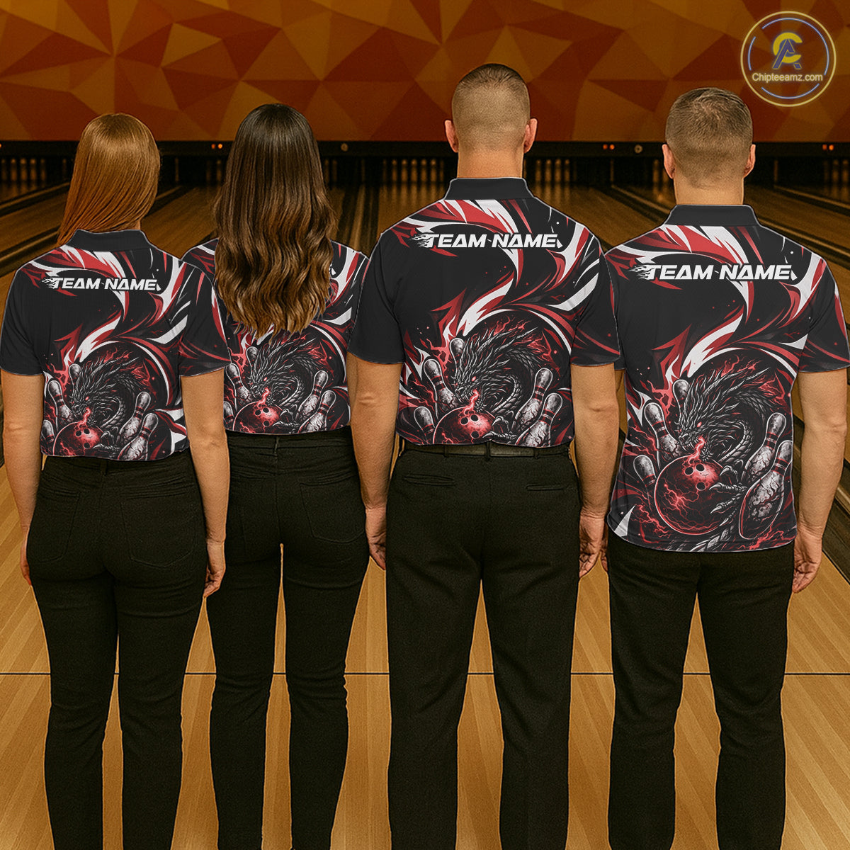 Custom Red Lightning Dragon Bowling Men Polo Shirts, Dragon Bowling League Shirt IPHW10356
