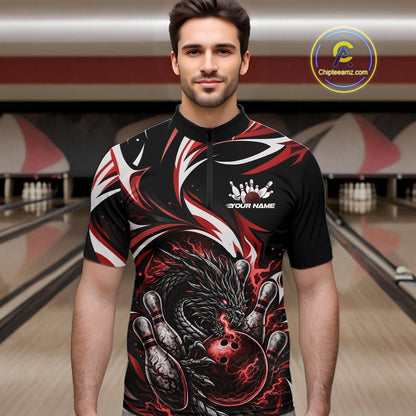 Custom Red Lightning Dragon Bowling Men Quarter-Zip Shirts, Dragon Bowling League Shirt IPHW10356