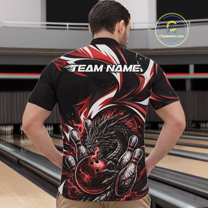 Custom Red Lightning Dragon Bowling Men Quarter-Zip Shirts, Dragon Bowling League Shirt IPHW10356