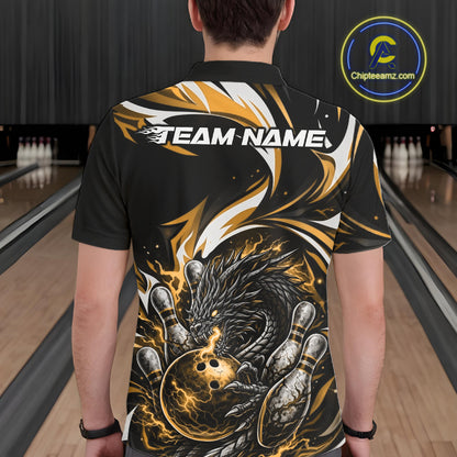 Custom Gold Lightning Dragon Bowling Men Polo Shirts, Dragon Bowling League Shirt IPHW10357