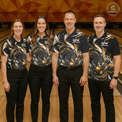 Custom Gold Lightning Dragon Bowling Men Polo Shirts, Dragon Bowling League Shirt IPHW10357