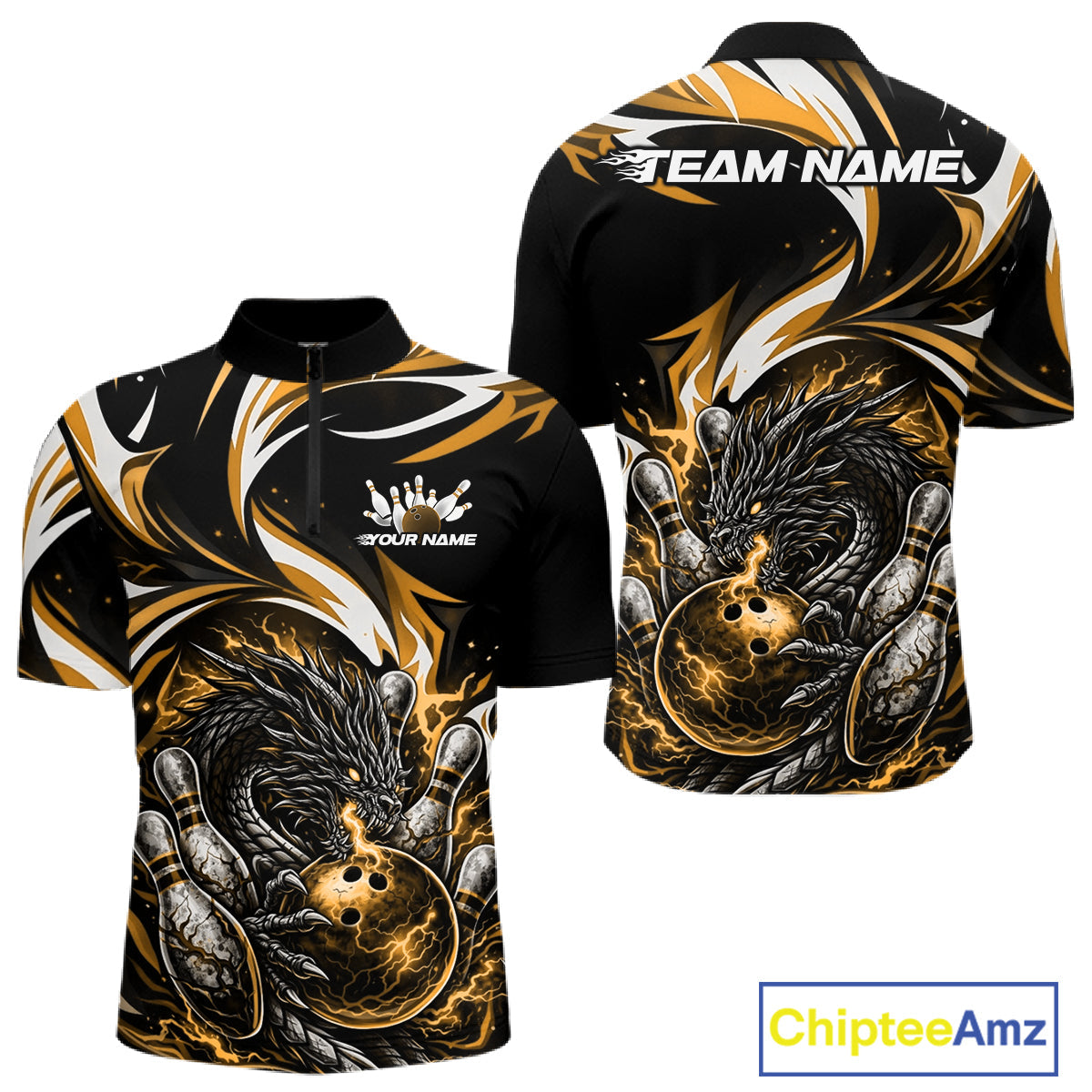 Custom Gold Lightning Dragon Bowling Men Quarter-Zip Shirts, Dragon Bowling League Shirt IPHW10357
