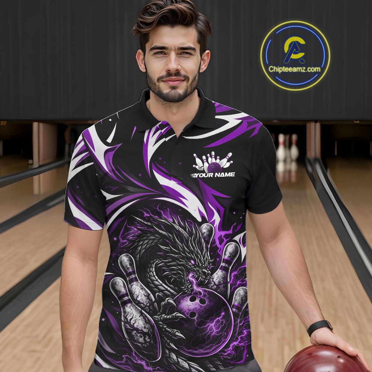 Custom Purple Lightning Dragon Bowling Men Polo Shirts, Dragon Bowling League Shirt IPHW10358