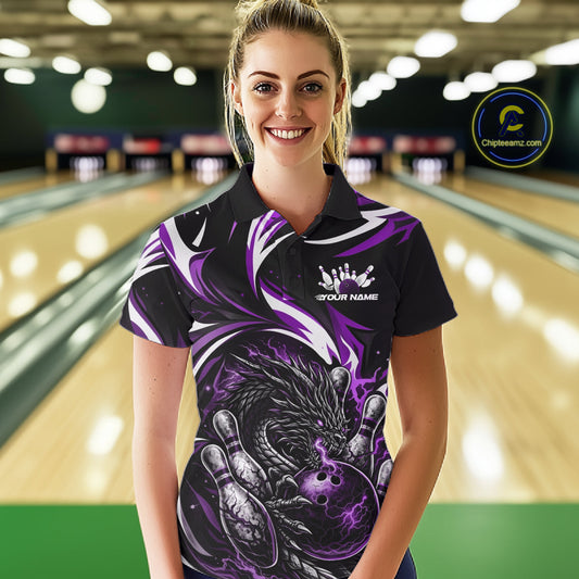 Custom Purple Lightning Dragon Bowling Women Polo Shirts, Dragon Bowling League Shirt IPHW10358