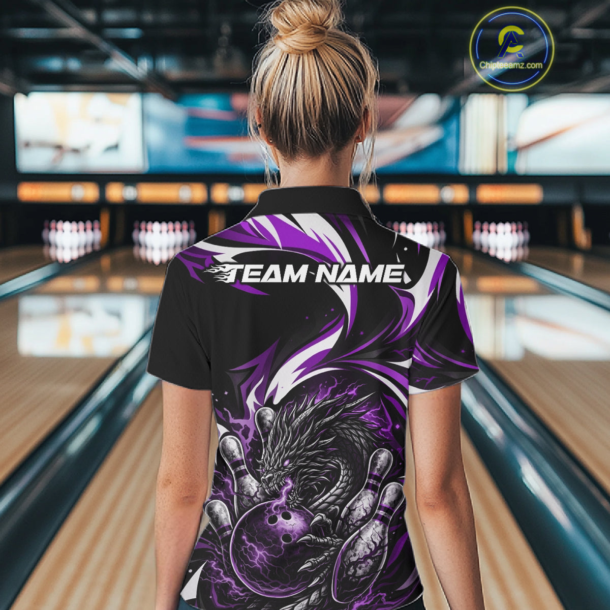 Custom Purple Lightning Dragon Bowling Women Polo Shirts, Dragon Bowling League Shirt IPHW10358