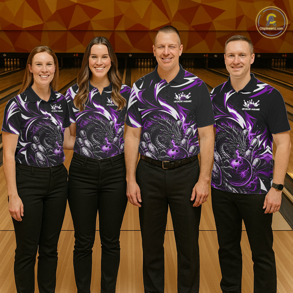 Custom Purple Lightning Dragon Bowling Men Polo Shirts, Dragon Bowling League Shirt IPHW10358
