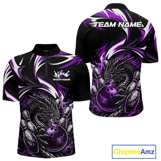 Custom Purple Lightning Dragon Bowling Men Quarter-Zip Shirts, Dragon Bowling League Shirt IPHW10358