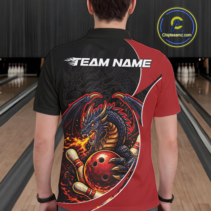 Custom Black And Red Fire Dragon Bowling Jerseys, Dragon Bowling Team Men Polo Shirt IPHW10365