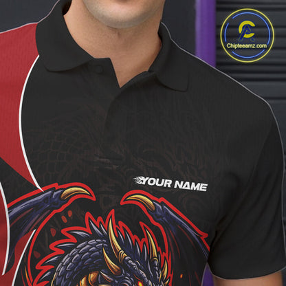 Custom Black And Red Fire Dragon Bowling Jerseys, Dragon Bowling Team Men Polo Shirt IPHW10365
