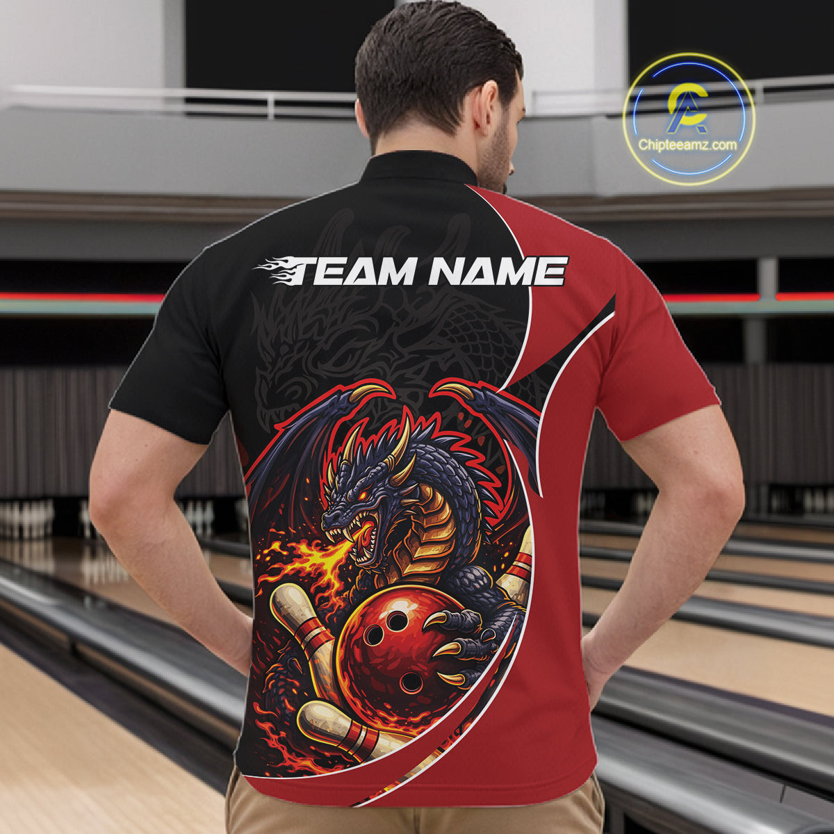 Custom Black And Red Fire Dragon Bowling Jerseys, Dragon Bowling Team Men Quarter-Zip Shirt IPHW10365