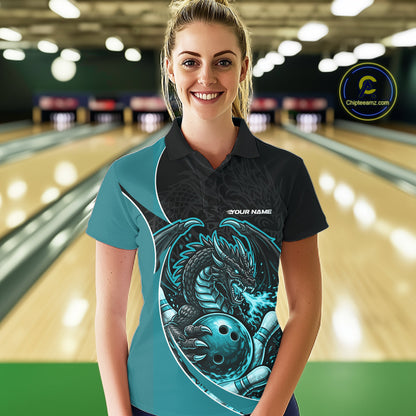 Custom Turquoise Blue Fire Dragon Bowling Jerseys, Dragon Bowling Team Women Polo Shirt IPHW10366