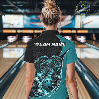 Custom Turquoise Blue Fire Dragon Bowling Jerseys, Dragon Bowling Team Women Polo Shirt IPHW10366