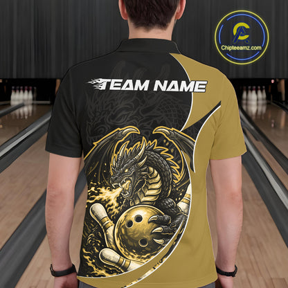 Custom Yellow Fire Dragon Bowling Jerseys, Dragon Bowling Team Men Polo Shirt IPHW10367