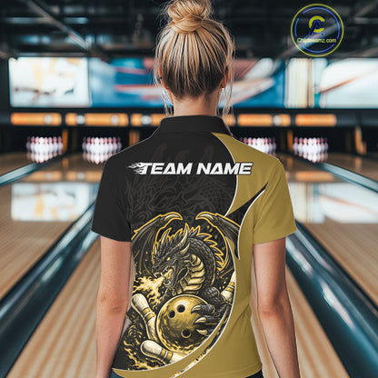 Custom Yellow Fire Dragon Bowling Jerseys, Dragon Bowling Team Women Polo Shirt IPHW10367