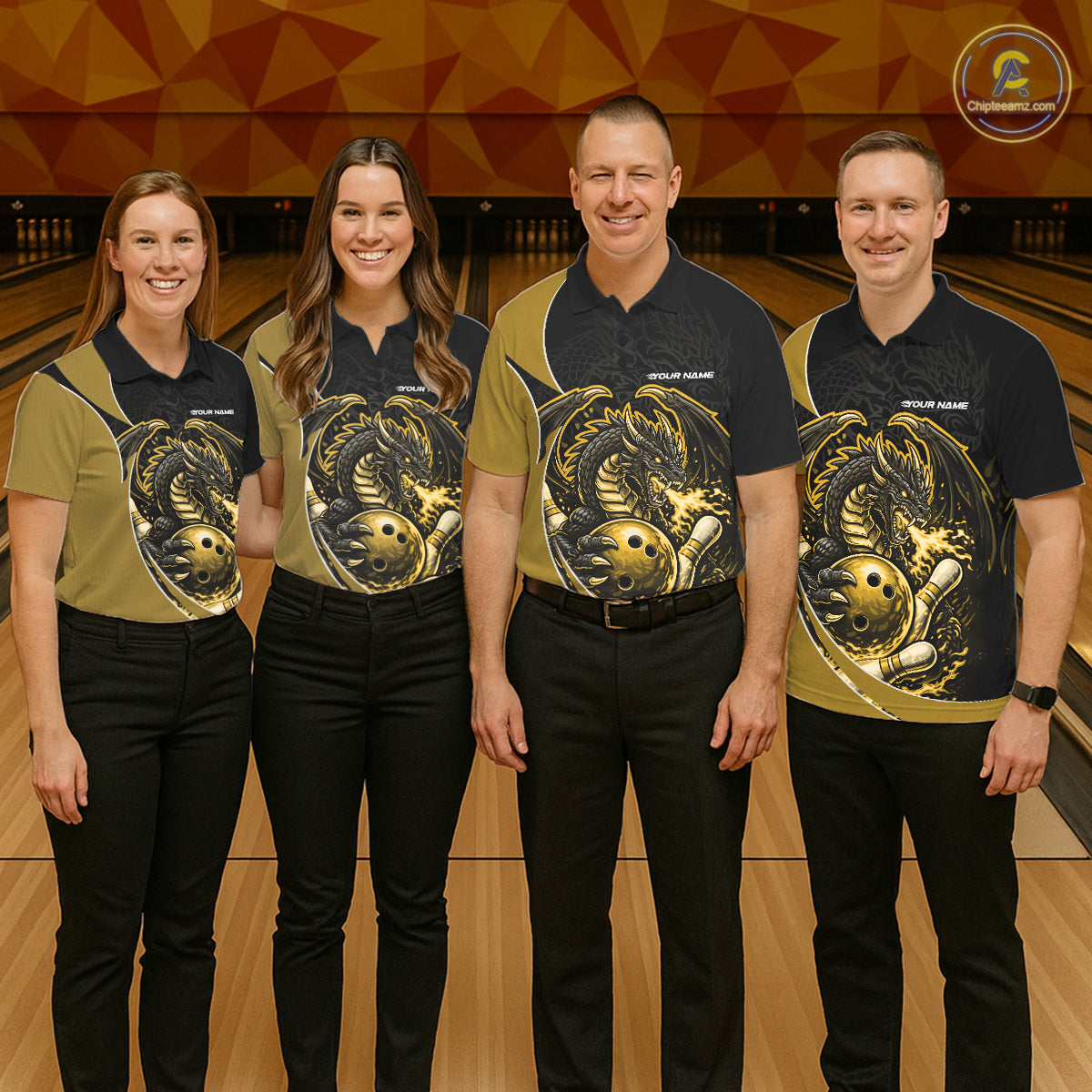 Custom Yellow Fire Dragon Bowling Jerseys, Dragon Bowling Team Men Polo Shirt IPHW10367