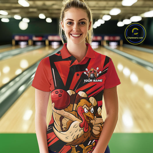 Custom Funny Turkey Bowling Shirts For Women, Red Thanksgiving Bowling Shirt Team Uniform IPHW10675